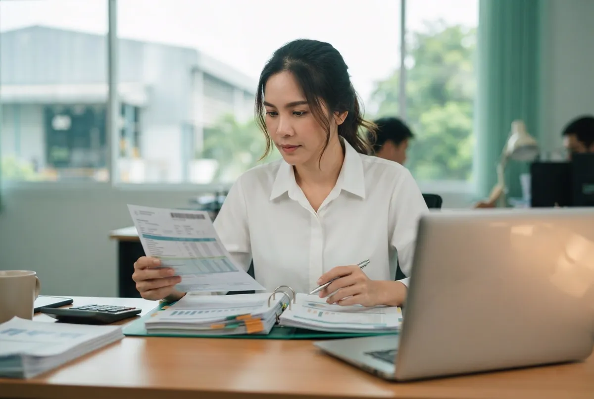 เจ้าหน้าที่ทำรายงานการจัดการพลังงานด้วยโน้ตบุ๊กและเอกสารค่าไฟฟ้า