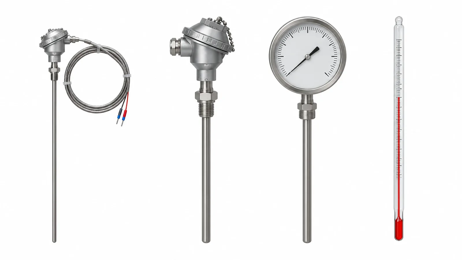 เครื่องวัดอุณหภูมิ 4 ชนิด: เทอร์โมคัปเปิลพร้อมสาย หัววัด RTD (Resistance Temperature Detector) เทอร์โมมิเตอร์ไบเมทัลแบบหน้าปัด และเทอร์โมมิเตอร์หลอดแก้ว
